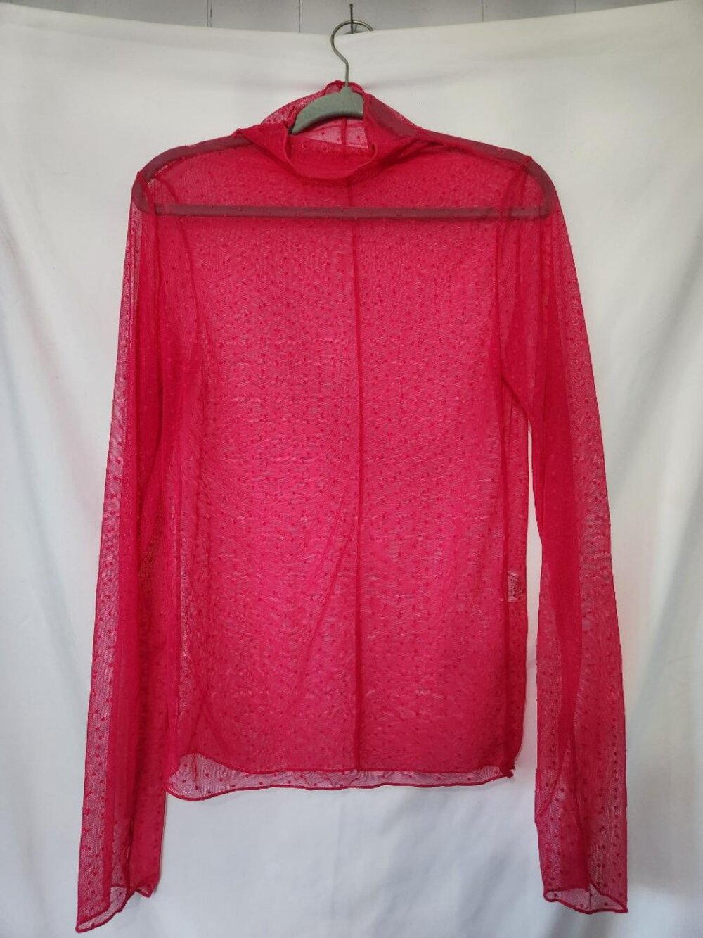 Essrite Hot Pink Swiss Dot Mesh Mock Neck Blouse XL